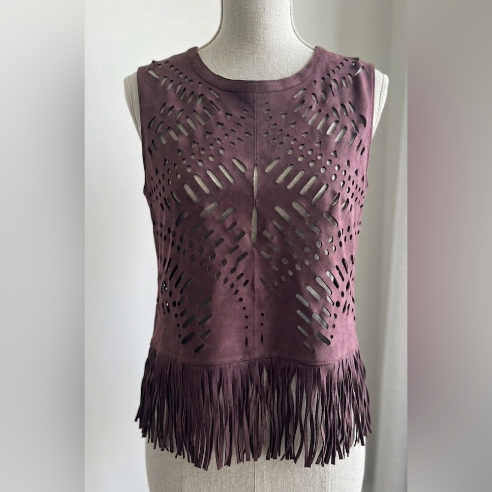 MLV Maison La Vie Gwen Goat Suede Laser Cut Fringe Tank Top Mulberry XS NWT